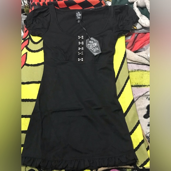✨🆕BNWT!!Dolls Kill x Grave Girls Hook & Eye Puff Sleeve Dress!Sz Sm!!BRAND NEW! - Picture 3 of 9